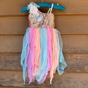 Sequin Dance Costume With Floral Applique & Multicolor Chiffon Skirt Girls Inter